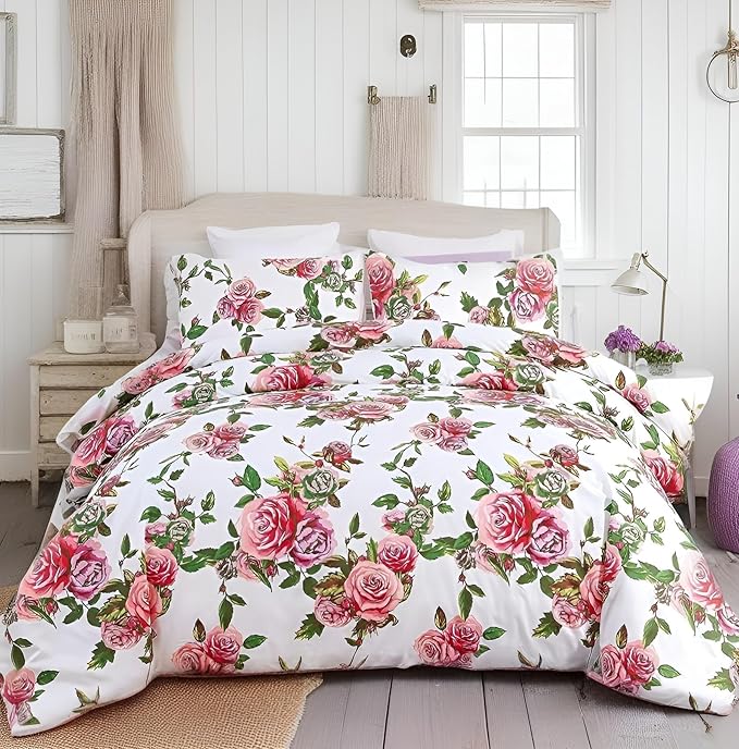 DaDa Bedding Romantic Roses Floral Duvet Cover Set - Lovely Spring Garden Pink w/Pillow Cases - Bright Vibrant Colorful Bl...