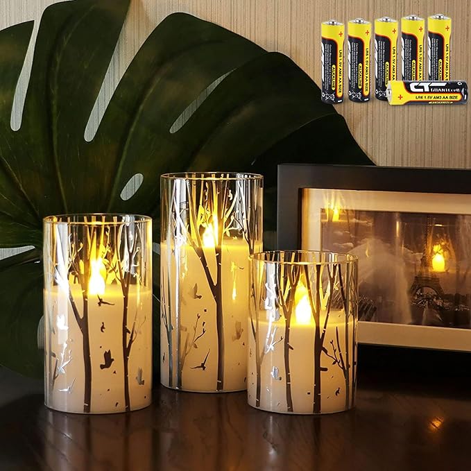 Rhytsing Birch Design Glass Battery Operated LED Candles with Timer, Flameless Pillar Candles Spring & Summer Decor- Inclu...
