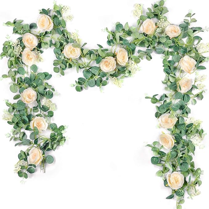 Der Rose 2 Pcs 13FT Artificial Floral Garland, Flower Eucalyptus Spring Garland with Champagne Rose, Faux Flower Vine for ...
