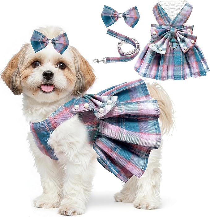 Dog Dress Bowknot Harness Leash Set for Small Dogs Girl Cute Plaid Dog Dress Pearls Bow Tie Spring Summer Princess Clothes...