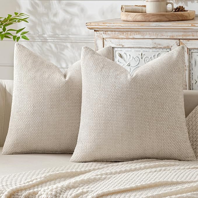 MIULEE Pack of 2 Couch Throw Pillow Covers 18x18 Inch Neutral Beige Modern Boho Accent Decorative Pillow Covers Soft Cheni...