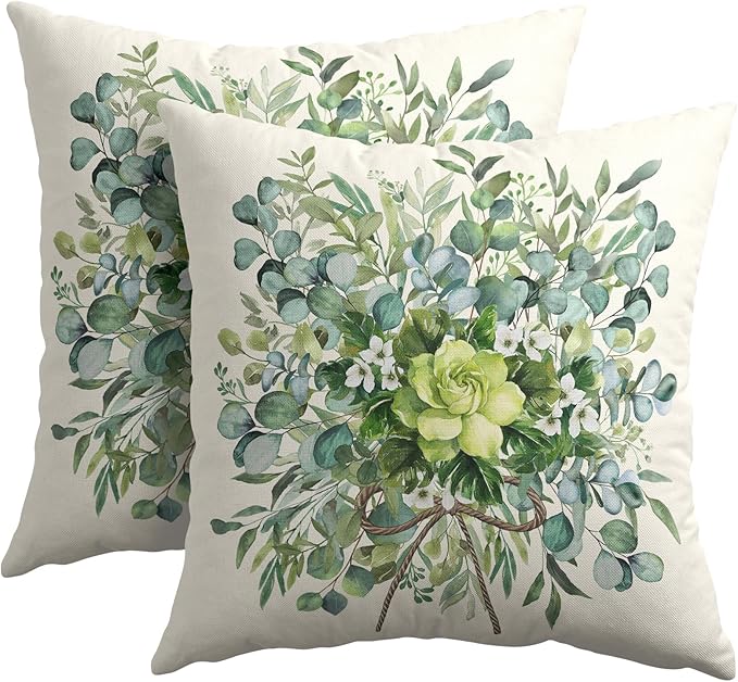 Trongr Spring Pillow Covers 18x18 Set of 2 Green Floral Throw Pillow Covers Rustic Pillowcase Linen Decoration Farmhouse S...