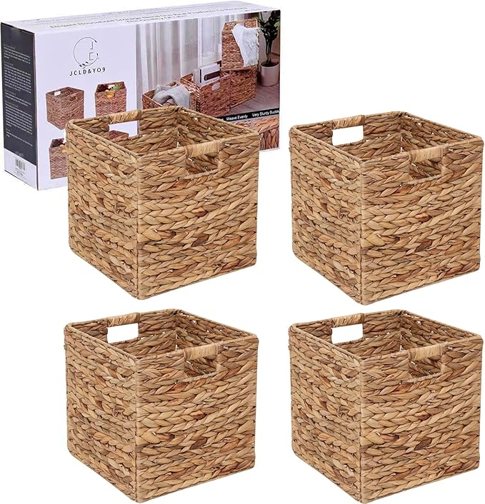 12x12in Storage Baskets Set of 4 Water Hyacinth Baskets,Foldable Handwoven Storage Cubes,Wicker Cube Baskets Laundry Organ...