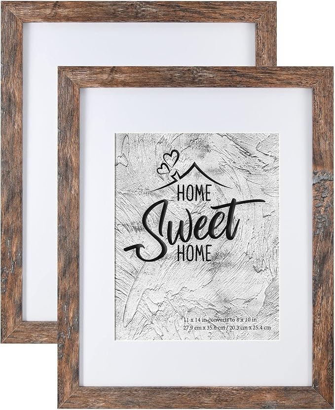 Califortree Rustic Brown 11x14 Picture Frame - Display Photos 8x10 with Mat or 11x14 Without Mat - Real Glass Inside - Set...
