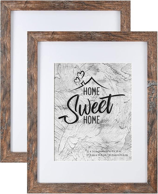 Califortree Rustic Brown 11x14 Picture Frame - Display Photos 8x10 with Mat or 11x14 Without Mat - Real Glass Inside - Set...