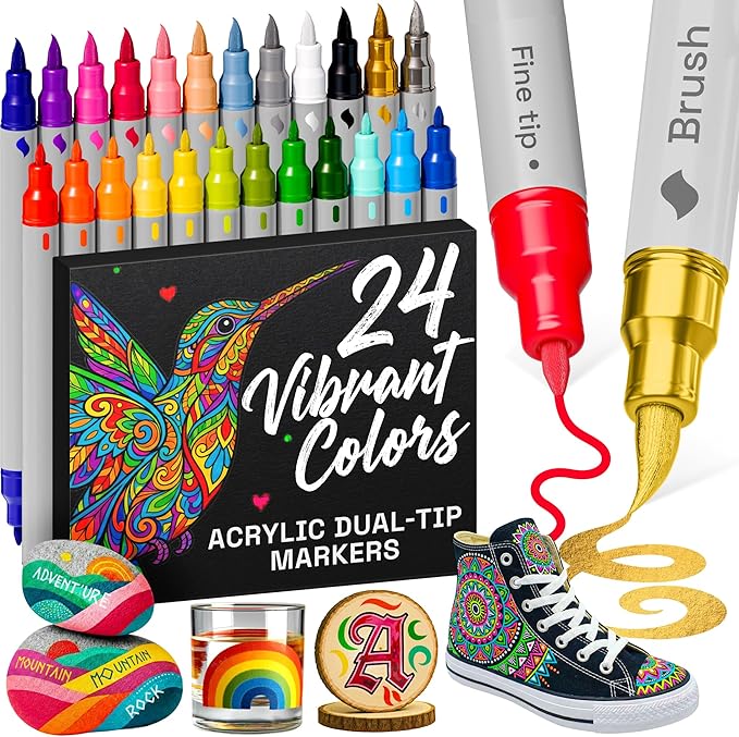 ARTISTRO 24 Acrylic Paint Markers - Paint Pens for Drawing, Brush + Fine Tips - For Fabric, Rock, Glass, Wood, DIY - Art &...