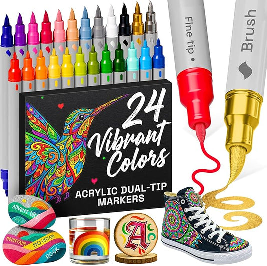 ARTISTRO 24 Acrylic Paint Markers - Paint Pens for Drawing, Brush + Fine Tips - For Fabric, Rock, Glass, Wood, DIY - Art &...