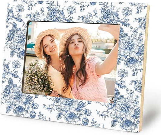 Cquwb Blue Chinoiserie and White Floral 5x7 Picture Frame,Chinoiserie Grandmillennial Home Decor,Blue and White Floral Pho...