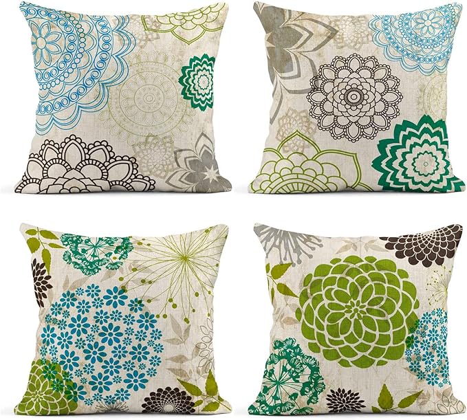 Taysta Set of 4 Linen Throw Pillow Cover Case Sparklers Floral Patterns Decorative Pillow Cases Covers Home Decor Square 2...