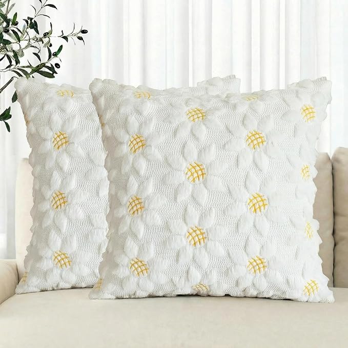 AVOIN colorlife Spring Summer Cream White Sunflower Throw Pillow Covers Set of 2, 18 x 18 Inch Seasonal Flora Farmhouse De...