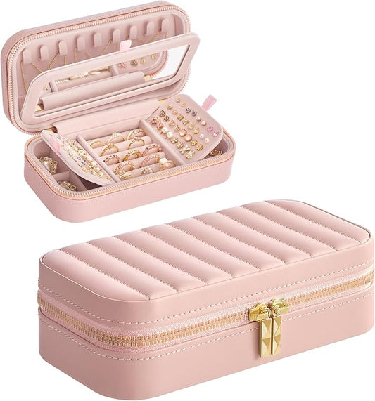 SONGMICS HOME Travel Jewelry Case, Travel Jewelry Box Organizer with Mirror, 4.1 x 8 x 2.4 Inches, Stitching, Portable, Gi...