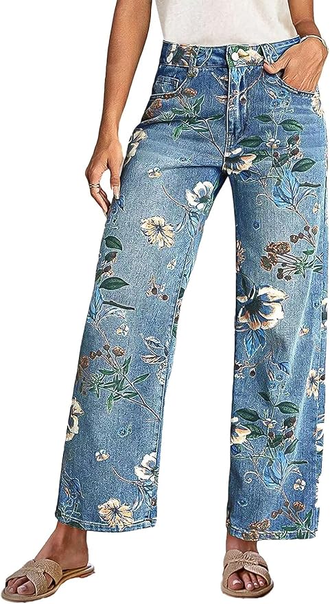 Flamingals High-Rise Vintage Floral Straight Leg Pants for Women Summer Casual Denim Pants
