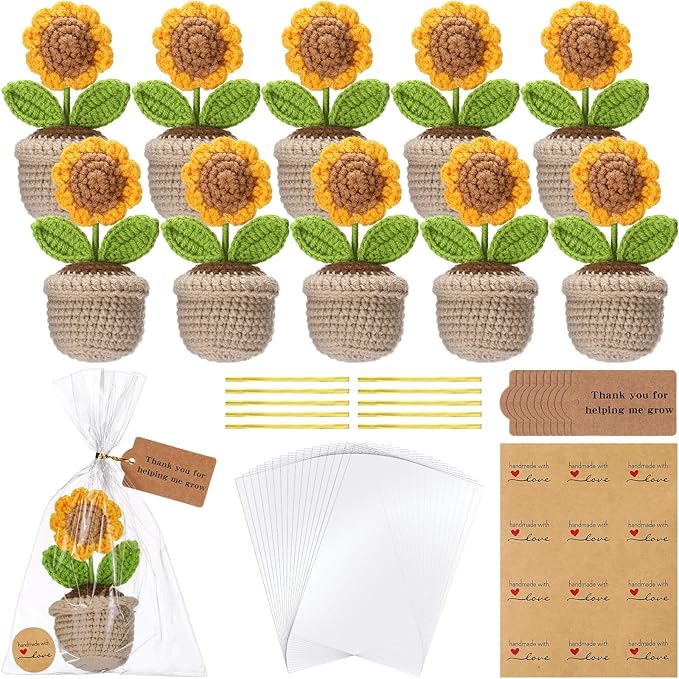 Soulchen 10 Sets Sunflower Teacher Appreciation Gifts Handmade Crochet Flowers with Card Thank You for Helping Me Grow Tha...