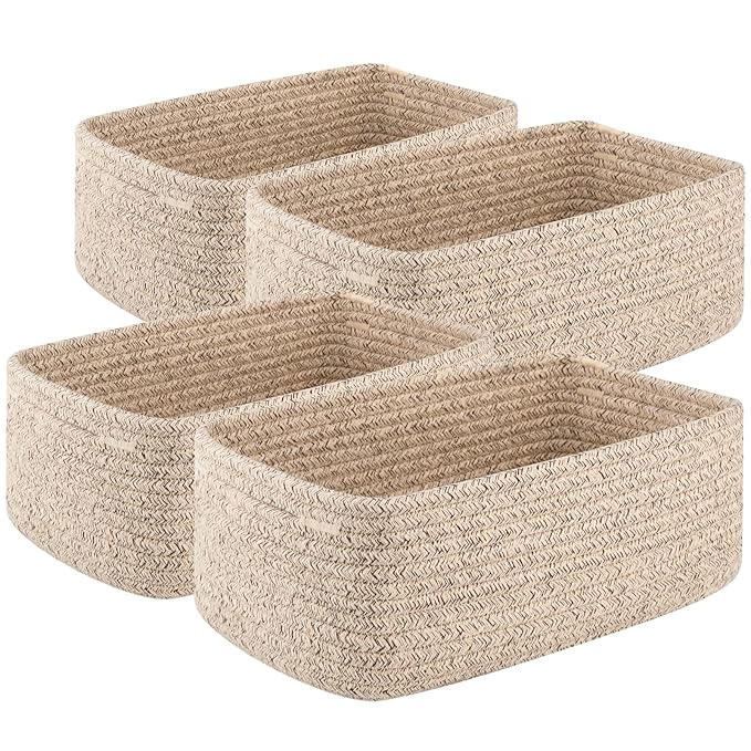 OIASKET 4 Pack Small Storage Shelf Baskets for Organizing, Mini Woven Rope Storage Bins for Towels, Cute Decorative Closet...