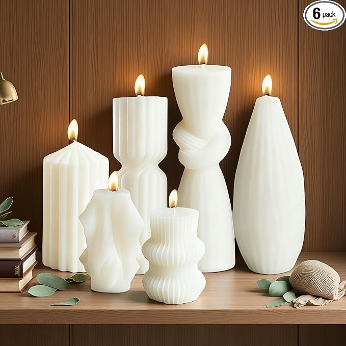 6 Pcs Pillar Candles Modern Aesthetic Ribbed Decorative Candle Set Cute Soy Wax Scented Ribbed Decor for Home (Style1)