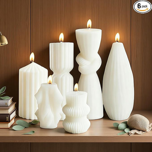 6 Pcs Pillar Candles Modern Aesthetic Ribbed Decorative Candle Set Cute Soy Wax Scented Ribbed Decor for Home (Style1)
