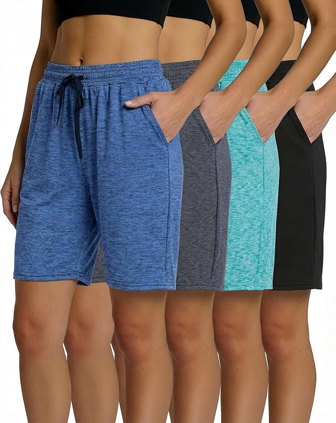 Real Essentials 4 Pack: Women's Dry-Fit Athletic 7" Bermuda Long High Waisted Running Shorts (Available in Plus Size)