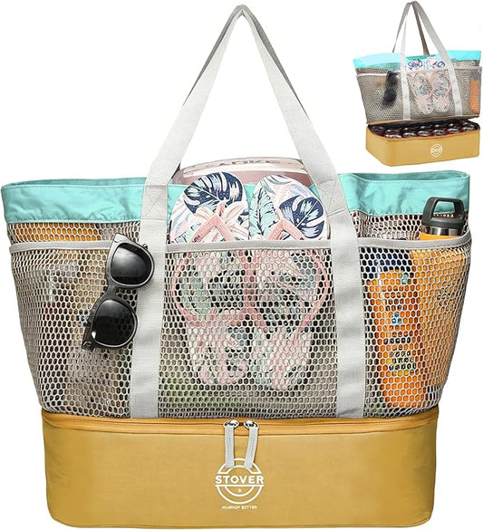 STOVER Extra Large Mesh Beach Bag, Vacation, Pool, Shopping & Travel Tote - Foldable w/Storage Pouch & Pockets for Women, Men