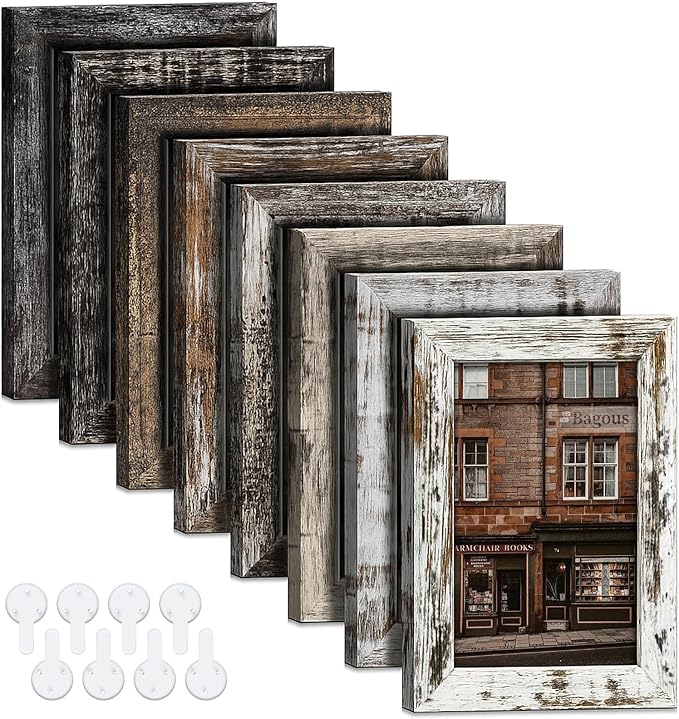 Bagous 4x6 Picture Frames Set of 8, Vintage Rustic Farmhouse Industrial Style Photo Frames, High Definition Real Glass, fo...