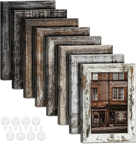 Bagous 4x6 Picture Frames Set of 8, Vintage Rustic Farmhouse Industrial Style Photo Frames, High Definition Real Glass, fo...