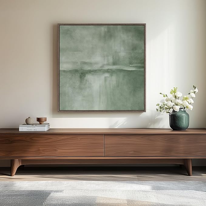 Framed Sage Green Abstract Wall Art, Modern Canvas Prints Artwork for Walls, Square Minimalist All Green Abstract Pictures...