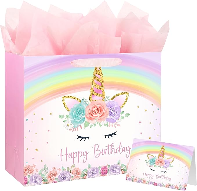 Yusenguan 13" Unicorn Birthday Gift Bag with Greeting Card and Tissue Paper for Baby Girls and Kids Birthday Party (Rainbo...