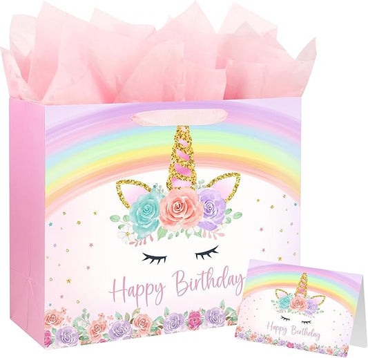 Yusenguan 13" Unicorn Birthday Gift Bag with Greeting Card and Tissue Paper for Baby Girls and Kids Birthday Party (Rainbo...