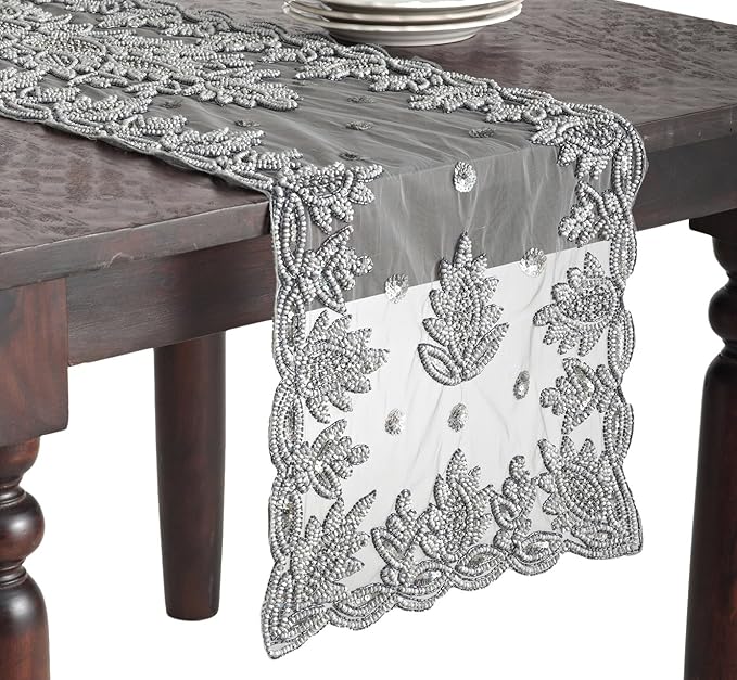 SARO LIFESTYLE Lakshmi Collection Beaded Table Runner 16" x 90" Pewter 1 Piece