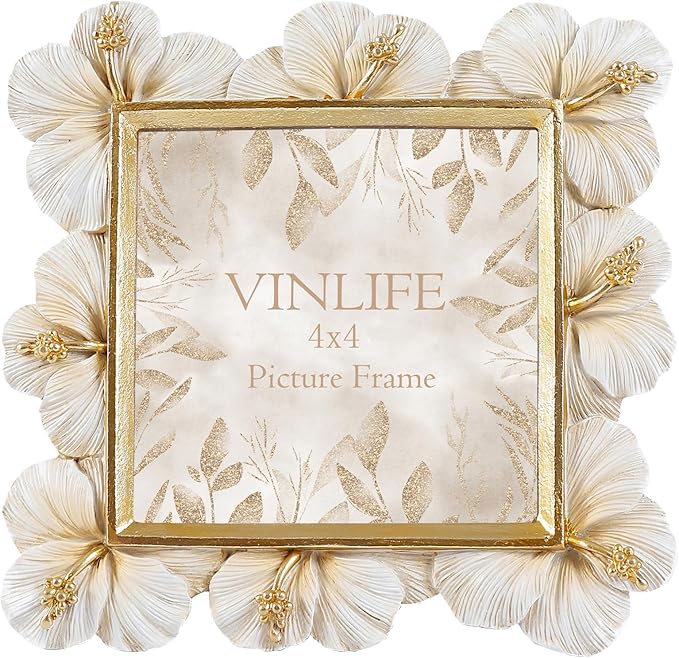 VINLIFE Small Vintage Picture Frames 4x4 Antique White and Gold Ornate Flower Picture Frame with Real Glass Tabletop and W...