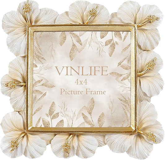 VINLIFE Small Vintage Picture Frames 4x4 Antique White and Gold Ornate Flower Picture Frame with Real Glass Tabletop and W...