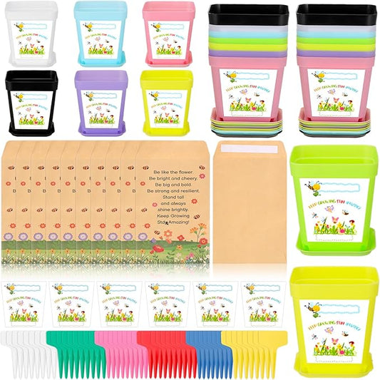 50 Sets Garden Flower Pots Crafts Kit Spring Planting Pot with Pots Trays Wildflower Seed Packets Seed Not Included Sticke...