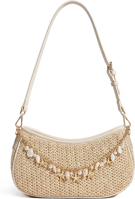 CHUNLI Straw Shoulder Bag for Women, Boho Woven Raffia Hobo Purse with Charm Chain, Adjustable Strap Summer Beach Vacation