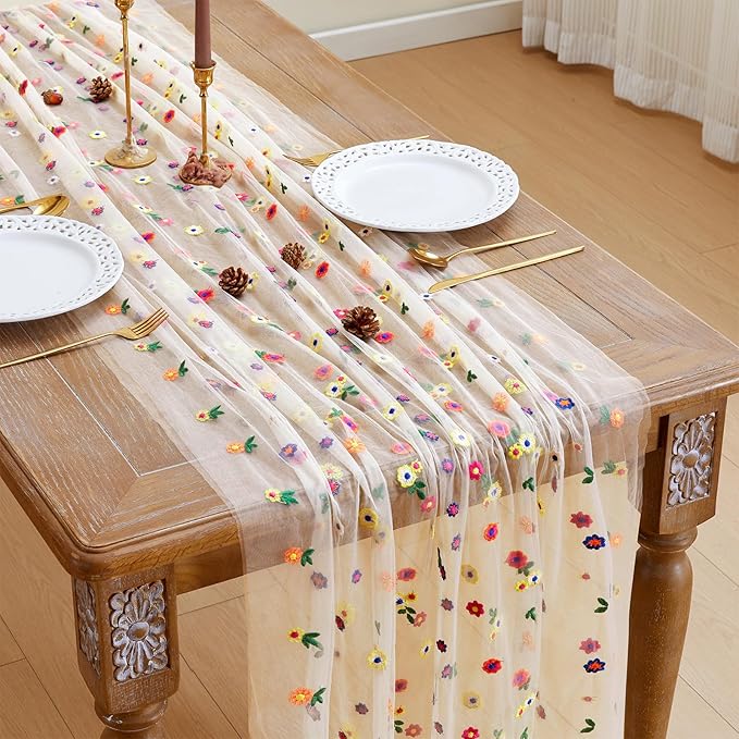 JIALE Champagne Floral Table Runner, Embroidery Daisy Seasonal Table Decorations, 120Inch 10FT 1PC Gold Tulle Fabric for H...