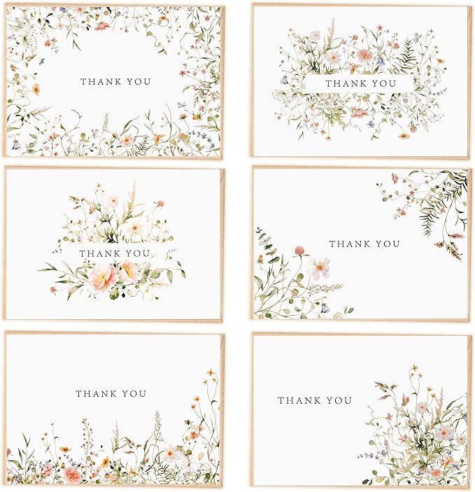 52-pack Floral Thank You Cards Bulk with Kraft Envelopes & Matching Stickers, 3.5x5 Inches, 6 Wildflower Designs | Perfect...