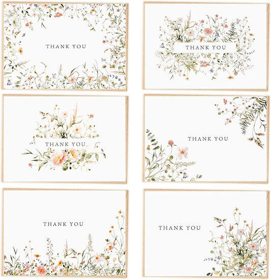 52-pack Floral Thank You Cards Bulk with Kraft Envelopes & Matching Stickers, 3.5x5 Inches, 6 Wildflower Designs | Perfect...