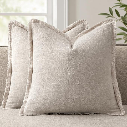 ANRODUO Set of 2 Decorative Throw Pillow Covers 22×22 Inch Soft Linen Fringe Farmhouse Boho Vintage Cushion Covers with Ta...