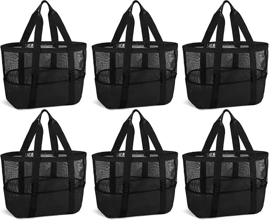 Hillban Large Beach Mesh Bags Bulk for Women Beach Tote Bag with 8 Pocket Zipper Waterproof Sandproof for Pool Cruise Ship