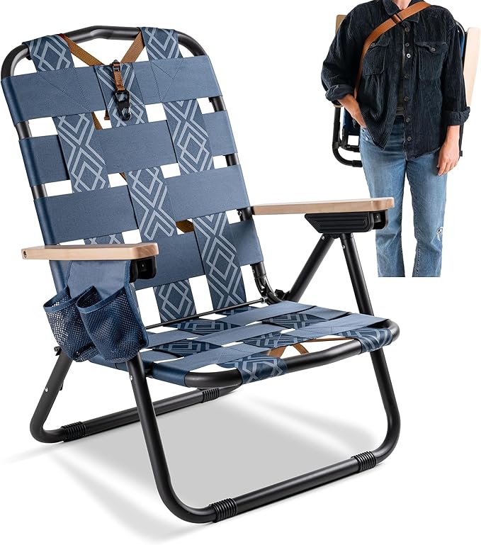 CleverMade Kove Twilight Blue Beach Camping Chair, Hands Free Carrying Strap + Real Wood Handles & 2 Cup Holders, Foldable...