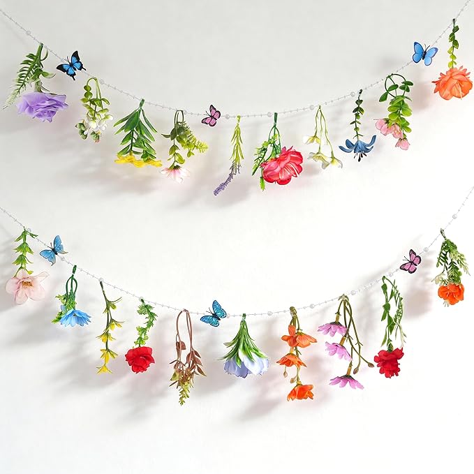 2 Pack 14.4ft Flower Garland Artificial Wildflower Garland, Spring Floral Garland Banner with Butterfly for Wildflower Par...