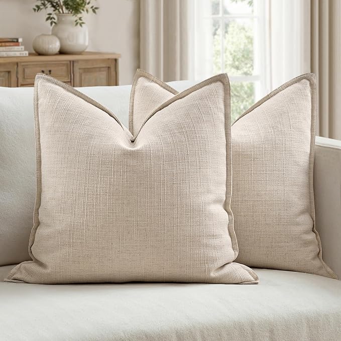 MIULEE Euro Sham Pillow Covers for Bed 26x26, 2 Pack Natural Linen Thick & Textured Decorative Throw Pillow Covers, Neutra...