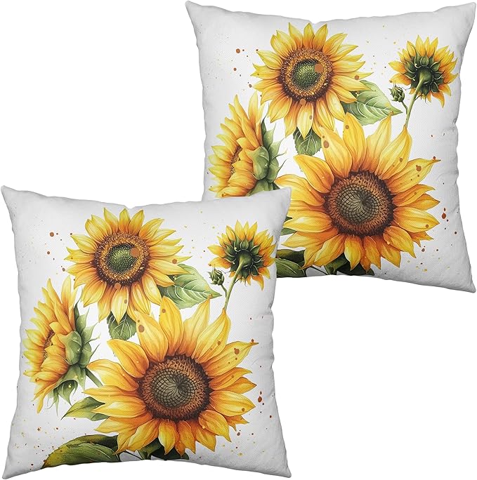 Kwlegh Sunflower Pillow Covers 18x18 Set of 2 Summer Throw Pillow Covers Yellow Flower Outdoor Pillow Case Square Cotton L...