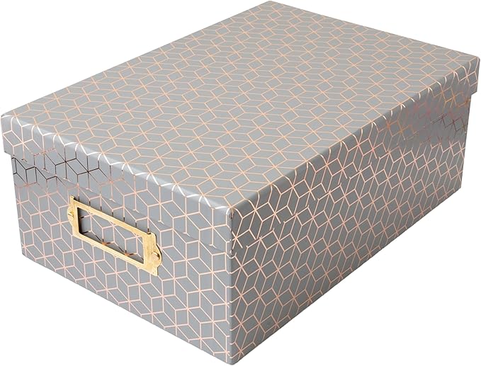 American Crafts Photo Keepsake Box with Lid, Gray Geo with Rose Gold Foil, 11x7.4x4.3, Decorative Photo Storage & Memory Box
