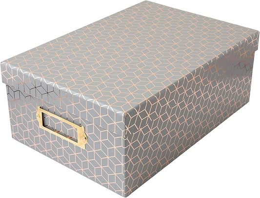 American Crafts Photo Keepsake Box with Lid, Gray Geo with Rose Gold Foil, 11x7.4x4.3, Decorative Photo Storage & Memory Box