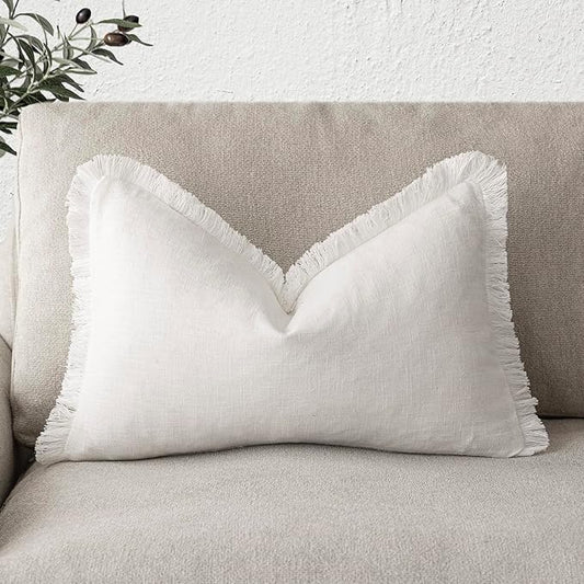 Foindtower Decorative Linen Fringe Lumbar Throw Pillow Covers Cozy Boho Farmhouse Cushion Cover with Tassel Soft Accent Pi...