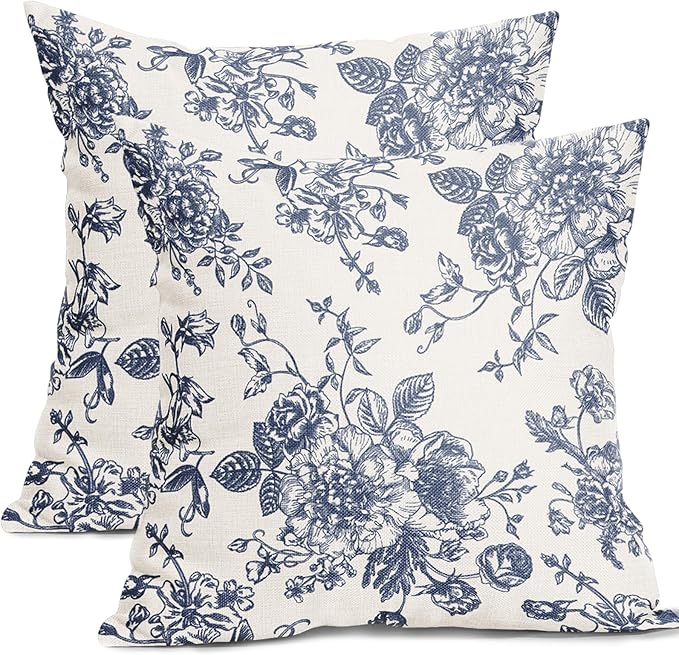 Vintage Floral Pillow Covers 20x20 Inch Set of 2 Navy Blue and Cream Floral Throw Pillow Covers Chinoiserie Flower Pillowc...