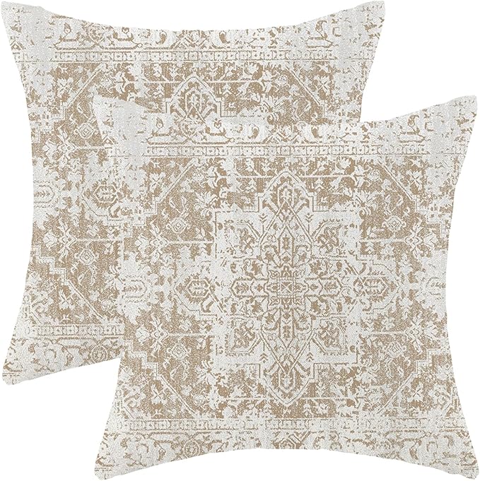 AEIOAE Boho Pillow Covers 20x20 Inch Set of 2,Carpet Pattern Throw Pillows Case,Brown Beige White Ethnic Design Outdoor De...