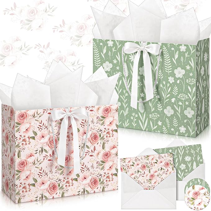 Silkfly 2 Pack Large Floral Gift Bags with Tissue Paper Ribbon Card & Envelope 13'' Flower Gift Bags for Woman Wedding Bri...