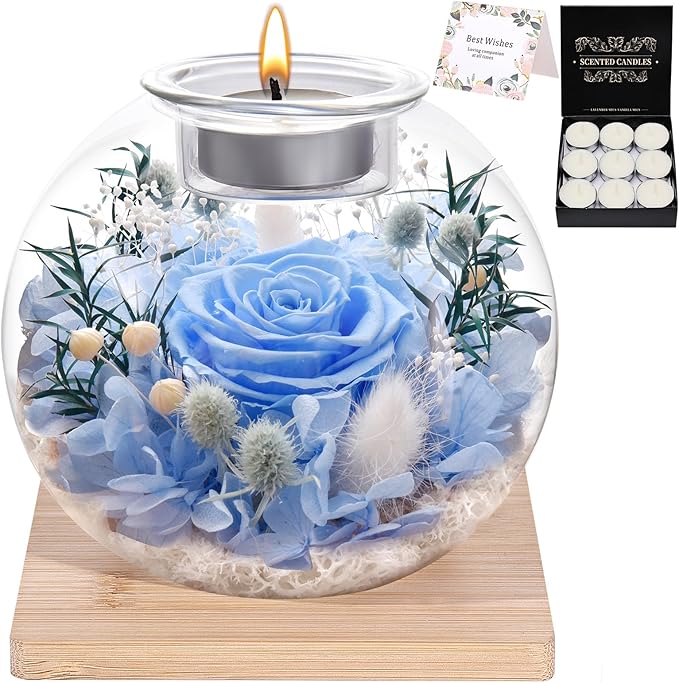 NERCHVO Preserved Rose in Glass Dome with Scented Candles, Romantic Gift for Women, Birthday for Girlfriend, Wife, Mom