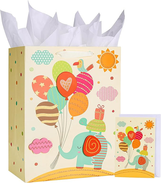 SUNCOLOR 13" Large Baby Gift Bag with Handles with Tissue Paper & Greeting Card – for Newborns, Baby Boys or Girls