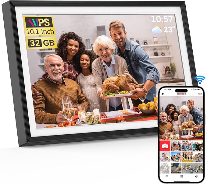 Frameo 10.1 inch Digital Picture Frame, Smart WiFi Digital Photo Frame with 32G Memory, HD Touch Screen, Auto-Rotate, Slid...